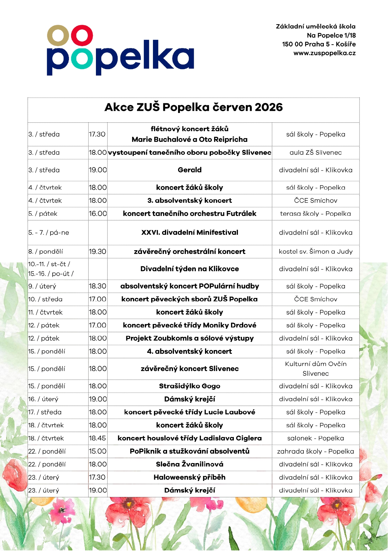 Akce ZUŠ Popelka - červen 2026